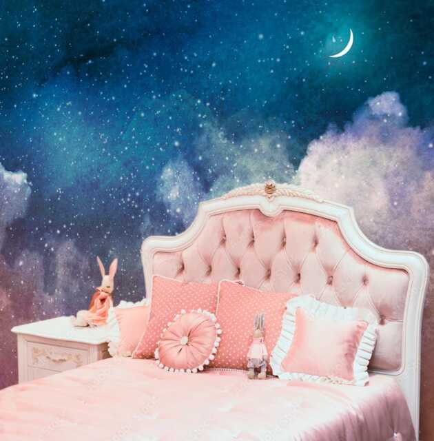 starry Night Sky & Crescent Moon - Watercolor Wall Mural Serene Bedroom Wallpaper Decor Removable Customizable - image 1