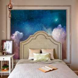 starry Night Sky & Crescent Moon - Watercolor Wall Mural Serene Bedroom Wallpaper Decor Removable Customizable - thumbnail 3