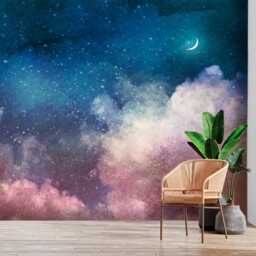 starry Night Sky & Crescent Moon - Watercolor Wall Mural Serene Bedroom Wallpaper Decor Removable Customizable - thumbnail 2