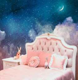 starry Night Sky & Crescent Moon - Watercolor Wall Mural Serene Bedroom Wallpaper Decor Removable Customizable