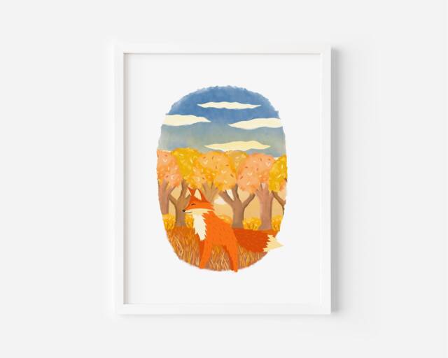 Illustrated Autumnal Fox Art Print/Nursery Gift Woodland Fox Children Room Print Decor - image 1