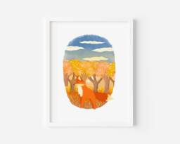 Illustrated Autumnal Fox Art Print/Nursery Gift Woodland Fox Children Room Print Decor - thumbnail 1