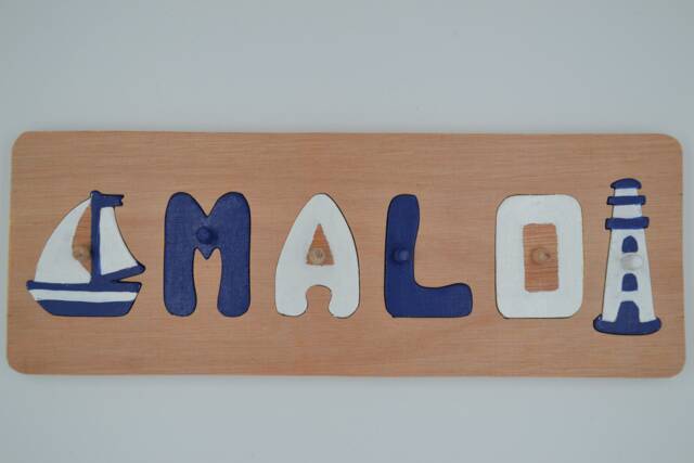 First Name Puzzle/Wooden Customizable Educational Toy Boat & Lighthouse Decoration Original Sea Theme - image 1