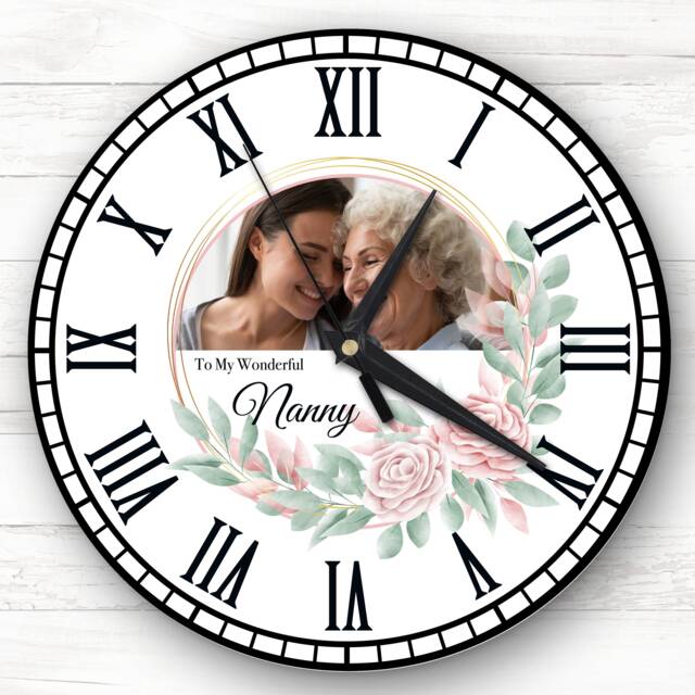 Wonderful Nanny Round Pink Floral Personalised Gift Clock - image 1