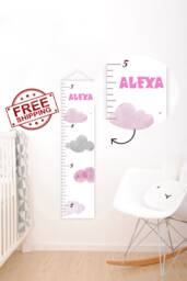 Growth Chart Ruler - Canvas Kids Height Ruler Nursery Wall Art Nursery Name Baby Girl Room Pink - thumbnail 1