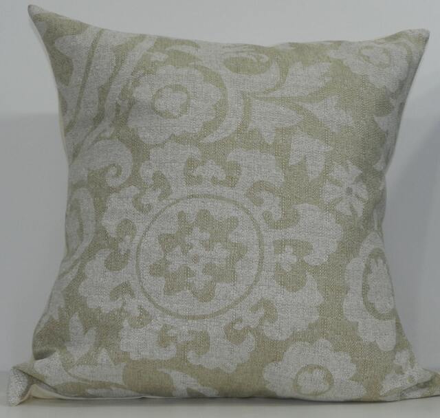 New 18x18 Inch Designer Handmade Pillow Case. Suzani Print in White On Natural Textured