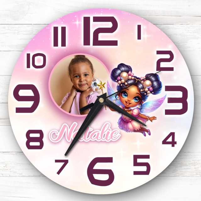 Girls Dark Skin Fairy Photo Personalised Gift For Kid's Bedroom Clock - Kids Clock, Children's , Custom Wall - image 1