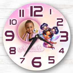 Girls Dark Skin Fairy Photo Personalised Gift For Kid's Bedroom Clock - Kids Clock, Children's , Custom Wall - thumbnail 1