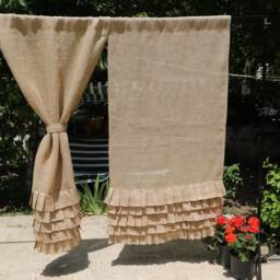 Natural Burlap Curtains With Ruffles, Farmhouse Jute Drapes Set Of 2, Rustic Kitchen Cafe Tier Curtains, Custom Size Cottage Window Panel - thumbnail 2