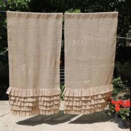 Natural Burlap Curtains With Ruffles, Farmhouse Jute Drapes Set Of 2, Rustic Kitchen Cafe Tier Curtains, Custom Size Cottage Window Panel - thumbnail 3