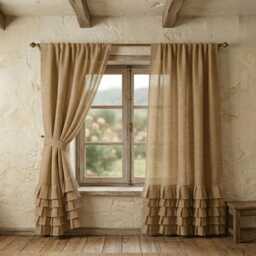 Natural Burlap Curtains With Ruffles, Farmhouse Jute Drapes Set Of 2, Rustic Kitchen Cafe Tier Curtains, Custom Size Cottage Window Panel - thumbnail 1