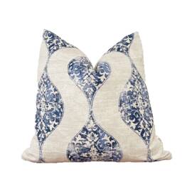 Indigo Blue & Beige Floral Pillow Cover, Double Sides Same - thumbnail 1