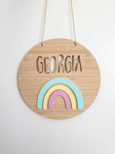 Rainbow Personalised Wooden Wall-Door Hanging-Nursery Decor-Plaque-Kids Door Sign-Custom Name-Kids Gift-Baby Gift-Lasercut-Rainbow Baby - image 1