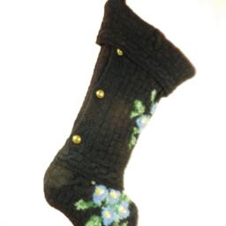 Christmas Stocking Felted Wool Ooak Cable Knit Flowers Floral Black Pink Blue Heirloom Recycled Repurposed Upcycled 626 - thumbnail 2