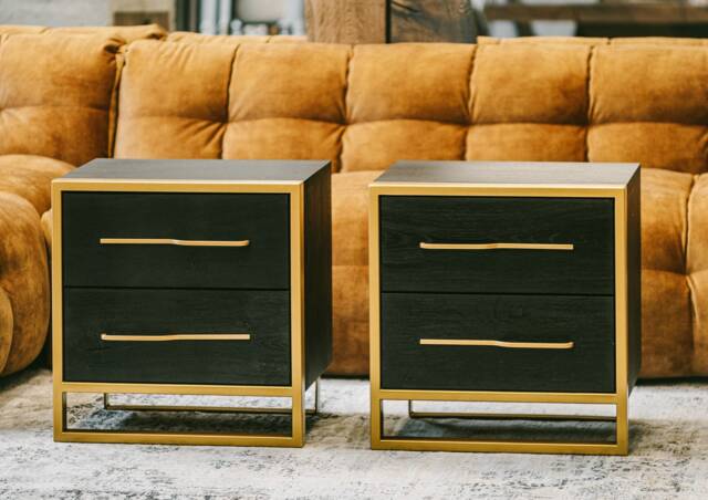 Modern Oak Bedside Table - Black Wood, Gold Metal Legs - image 1