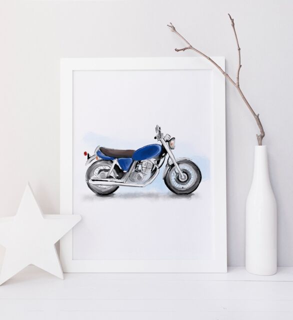 Gray Green Motocycle Illustration/Moto Vehicule Decorative Print For Children's Room Playroom Gallery Wall