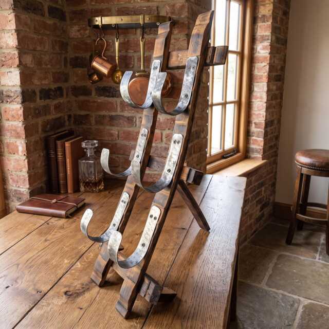 Bourbon Barrel Stave Wine Rack - Rustic 3-Bottle Countertop Display - image 1