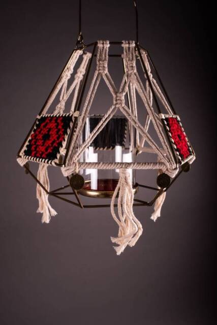 Hexagonal Metal Candle Holder, Glass Palestinian Embroidery, Folk Macrame Hanging Holder - image 1