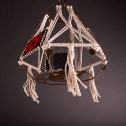 Hexagonal Metal Candle Holder, Glass Palestinian Embroidery, Folk Macrame Hanging Holder - thumbnail 3
