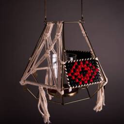 Hexagonal Metal Candle Holder, Glass Palestinian Embroidery, Folk Macrame Hanging Holder - thumbnail 2