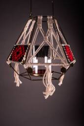 Hexagonal Metal Candle Holder, Glass Palestinian Embroidery, Folk Macrame Hanging Holder - thumbnail 1