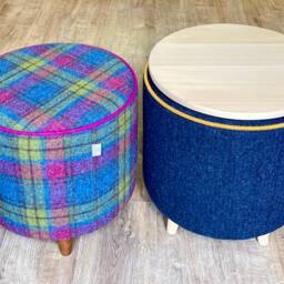 Harris Tweed Navy Herringbone Footstool With Yellow Piping & Tiny Light Wooden Legs - thumbnail 4