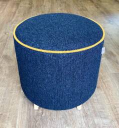 Harris Tweed Navy Herringbone Footstool With Yellow Piping & Tiny Light Wooden Legs