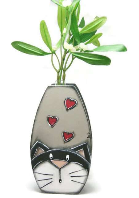 Vase Soliflore With Black & White Cat - Cat Lover Vase Glass Tube Cat- Hearts - image 1