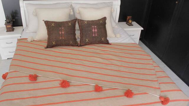 Beige & Orange Moroccan Pompom Throw Blanket With Tassels - Foot Of Bed Made 100% Hand-Woven Cotton Sofa Halloween Gift - image 1