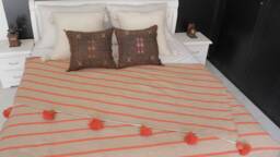 Beige & Orange Moroccan Pompom Throw Blanket With Tassels - Foot Of Bed Made 100% Hand-Woven Cotton Sofa Halloween Gift - thumbnail 1
