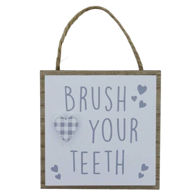 Plaque Brush Your Teeth Bathroom Rules Wc Toilet Wall D??cor Wood Hanging Sign Grey White Hearts Children's - image 1