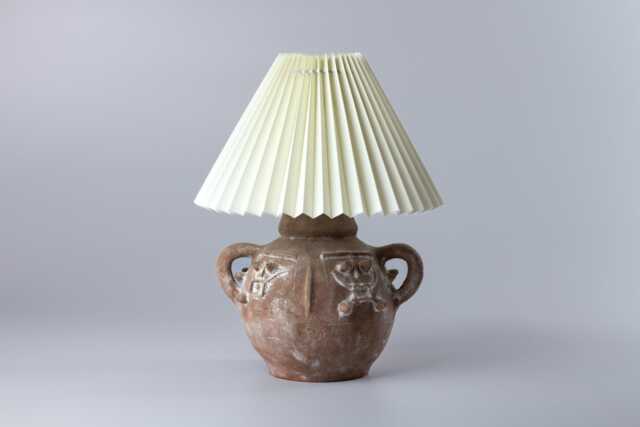 Rustic Sculptural Ceramic Table Lamp, Primitive Lamp With Pleated Shade, Boho Bedside Light - image 1