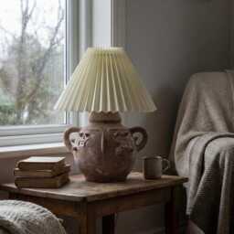 Rustic Sculptural Ceramic Table Lamp, Primitive Lamp With Pleated Shade, Boho Bedside Light - thumbnail 2