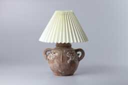 Rustic Sculptural Ceramic Table Lamp, Primitive Lamp With Pleated Shade, Boho Bedside Light - thumbnail 1