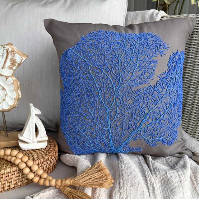 "Blue Cotton Linen Beaded Decorative Throw Pillow Cover, 16""x16" - image 1