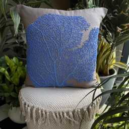 "Blue Cotton Linen Beaded Decorative Throw Pillow Cover, 16""x16" - thumbnail 3