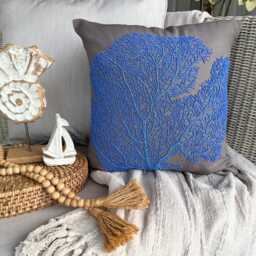 "Blue Cotton Linen Beaded Decorative Throw Pillow Cover, 16""x16" - thumbnail 2