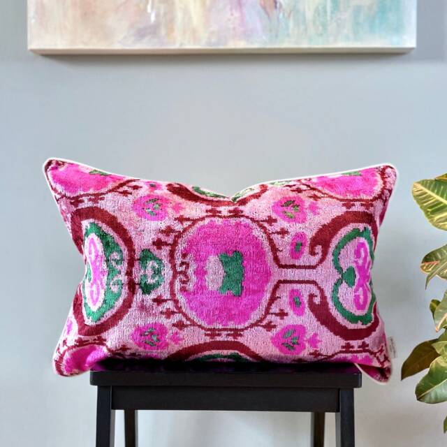 Velvet Ikat Pillow Cover Flamingo - Decorative Cushion For Sofa Or Bed - image 1