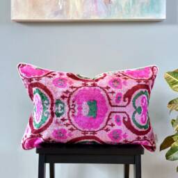 Velvet Ikat Pillow Cover Flamingo - Decorative Cushion For Sofa Or Bed - thumbnail 1