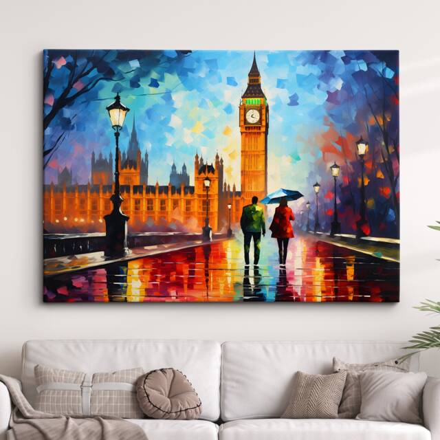 London Big Ben Couple Walking Starry Night Abstract Oil Painting Wall Art, Framed Canvas Poster Print, Home Kitchen Office Room Decor, Gifts - image 1