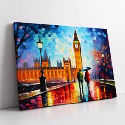 London Big Ben Couple Walking Starry Night Abstract Oil Painting Wall Art, Framed Canvas Poster Print, Home Kitchen Office Room Decor, Gifts - thumbnail 2