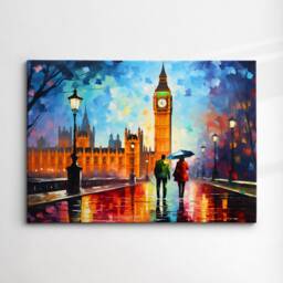 London Big Ben Couple Walking Starry Night Abstract Oil Painting Wall Art, Framed Canvas Poster Print, Home Kitchen Office Room Decor, Gifts - thumbnail 3