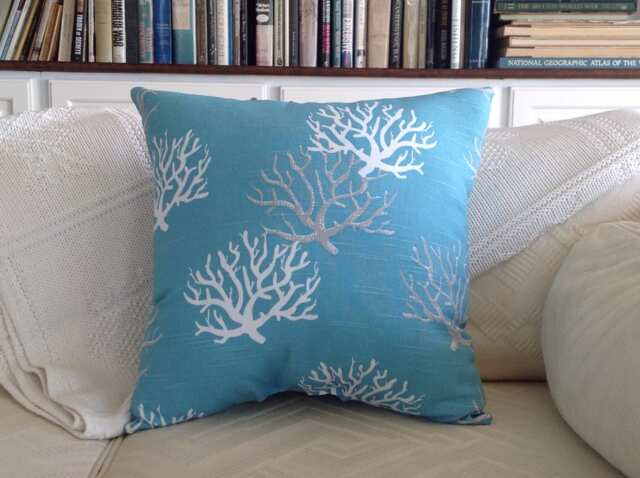 Aqua Blue Coral Throw Pillow - Sea Fan Beach House Decor - image 1