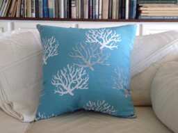 Aqua Blue Coral Throw Pillow - Sea Fan Beach House Decor - thumbnail 1