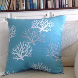 Aqua Blue Coral Throw Pillow - Sea Fan Beach House Decor - thumbnail 4