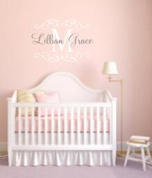 Vinyl Wall Decal - Personalized Initial & Name Monogram - Girl Or Boy - Nursery Decor - Fancy Name - Modern Decor - thumbnail 1