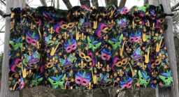Mardi Gras Valance Masquerade Mask Fleur De Lis Print Purple Gold Green Curtain New Orleans Festive Kitchen Window Treatment Decor - thumbnail 1