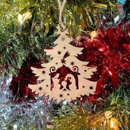 Wooden Nativity Scene Christmas Tree Decoration - Beautiful Xmas Ornament in Oak, Walnut Cherry Wood Or Silver, Gold, Red, Green Glitter
