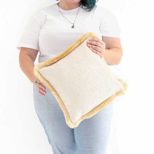 White & Yellow Handmade Cushion Cover Only With Bush Fringe - image 1
