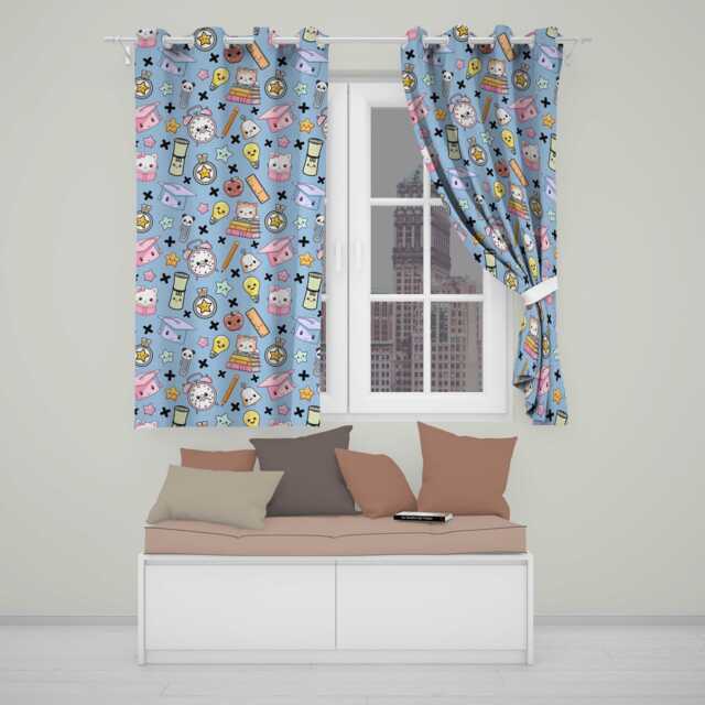 Cute Kawaii School Supplies Cat Books Clock Pencil Blue Seamless Pattern Readymade Eyelet Ring Top Thermal 100% Blackout Curtains - image 1